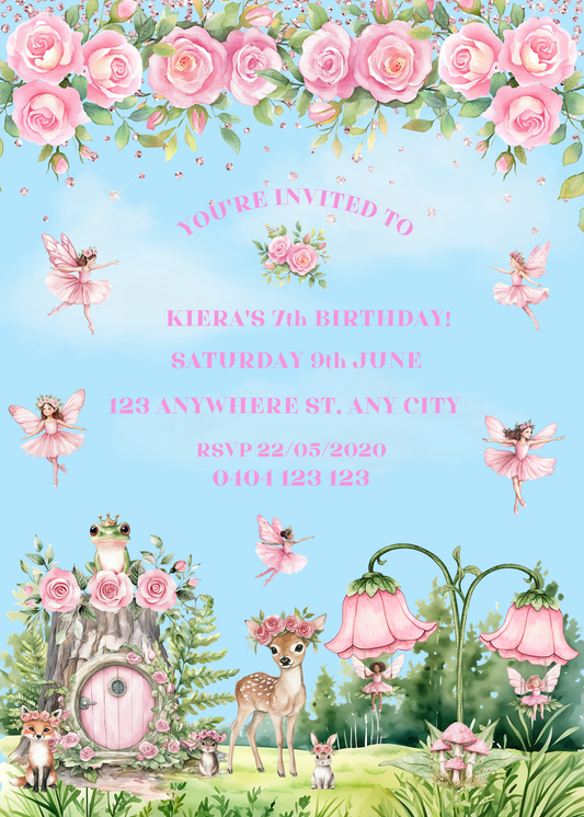 Editable Pink Fairy & Roses Birthday Invitation