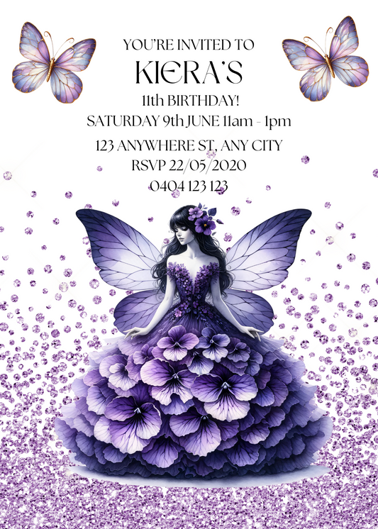 Editable Purple Fairy & Butterfly Birthday Invitation, Bonus Free Gift Tag