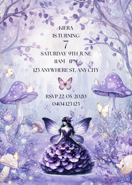 Editable Purple Fairy Birthday Invitation