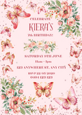 Editable Pink Butterfly and Flowers Birthday Invitation