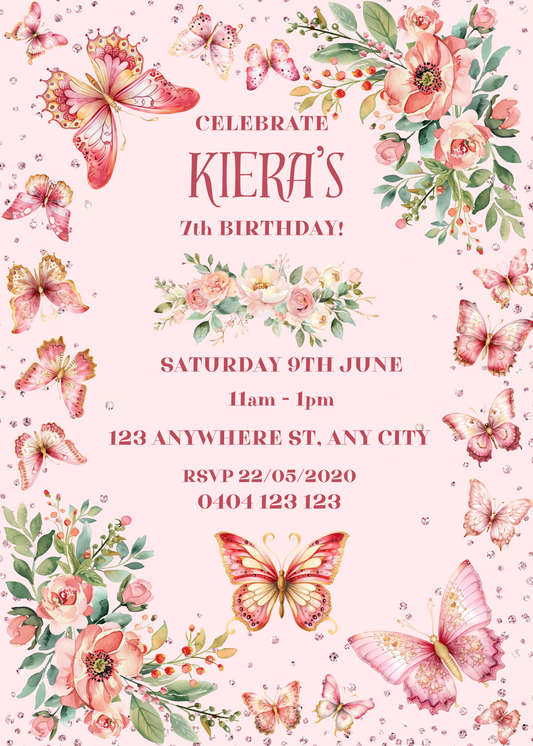 Editable Pink Butterfly and Flowers Birthday Invitation
