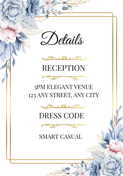 Editable Blue & Gold Floral Wedding Invitation, Details & RSVP Package