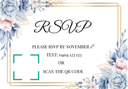 Editable Blue & Gold Floral Wedding Invitation, Details & RSVP Package