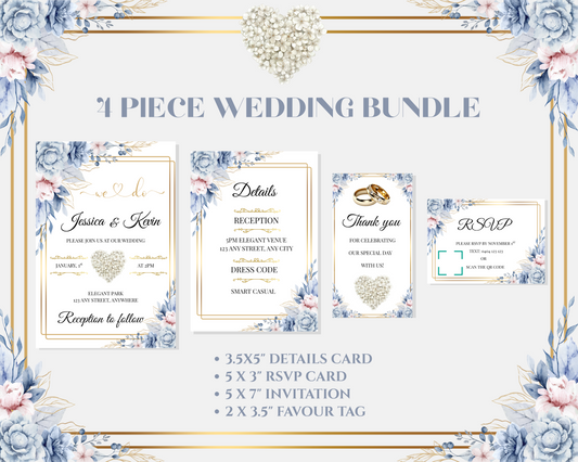 Editable Blue & Gold Floral Wedding Invitation, Details & RSVP Package
