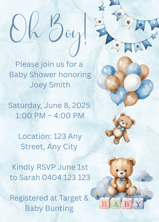 Editable Boy Teddy Baby Shower Invitation