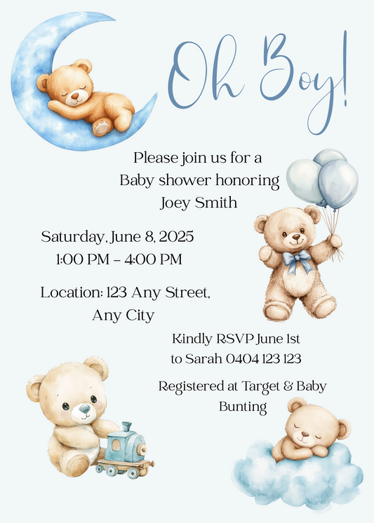 Editable Oh Boy Teddy Baby Shower Invitation