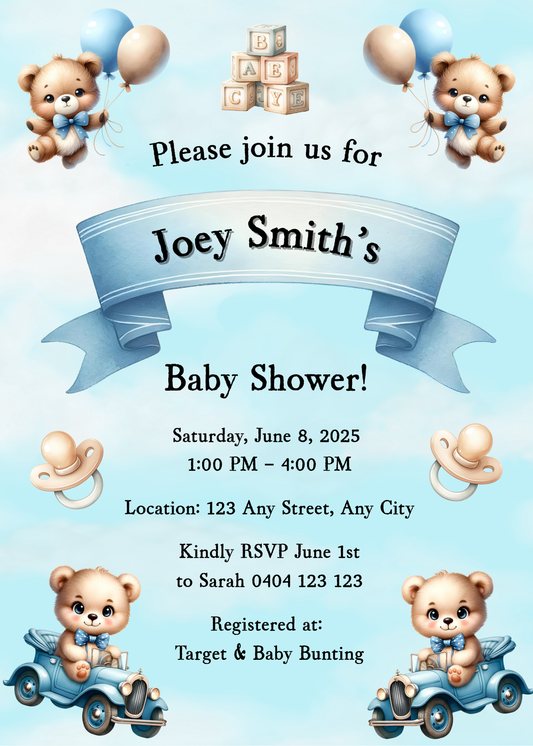 Editable Teddy & Car Boy Baby Shower