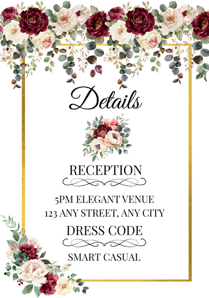 Editable Burgundy Rose Wedding Invitation, Details Card & RSVP Card