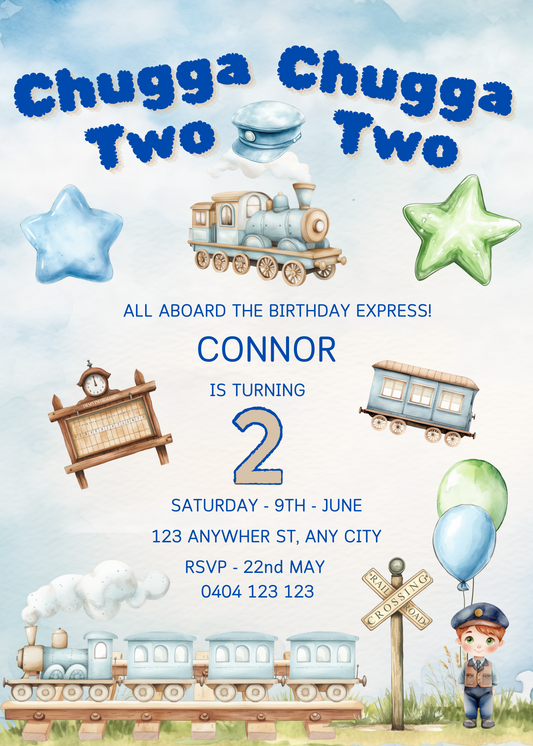 Editable Blue "Chugga Chugga Two Two" Train Birthday Invitation