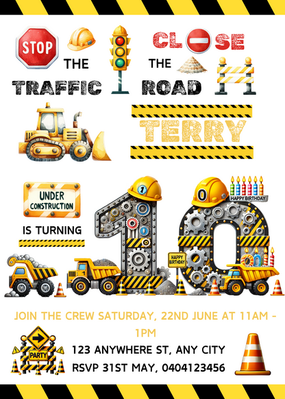 Numbered 1 to 12 Construction Themed Birthday Invitation Pack - BONUS Favor Tag