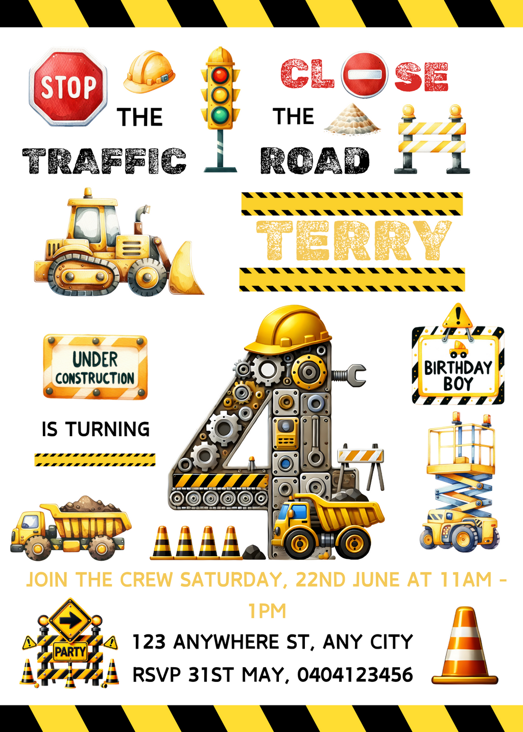 Editable Digital Construction Themed 4th Birthday Invitation