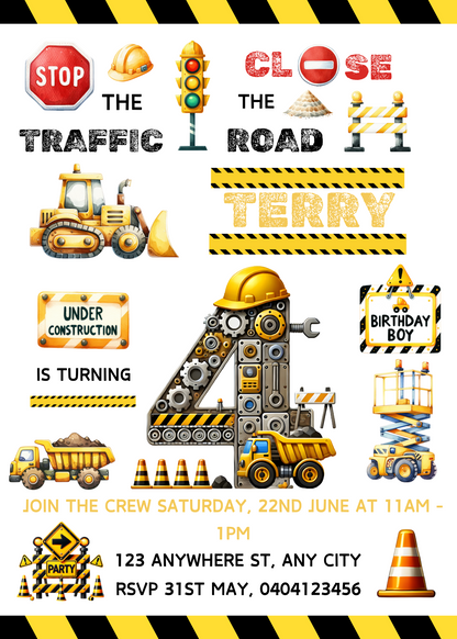 Numbered 1 to 12 Construction Themed Birthday Invitation Pack - BONUS Favor Tag
