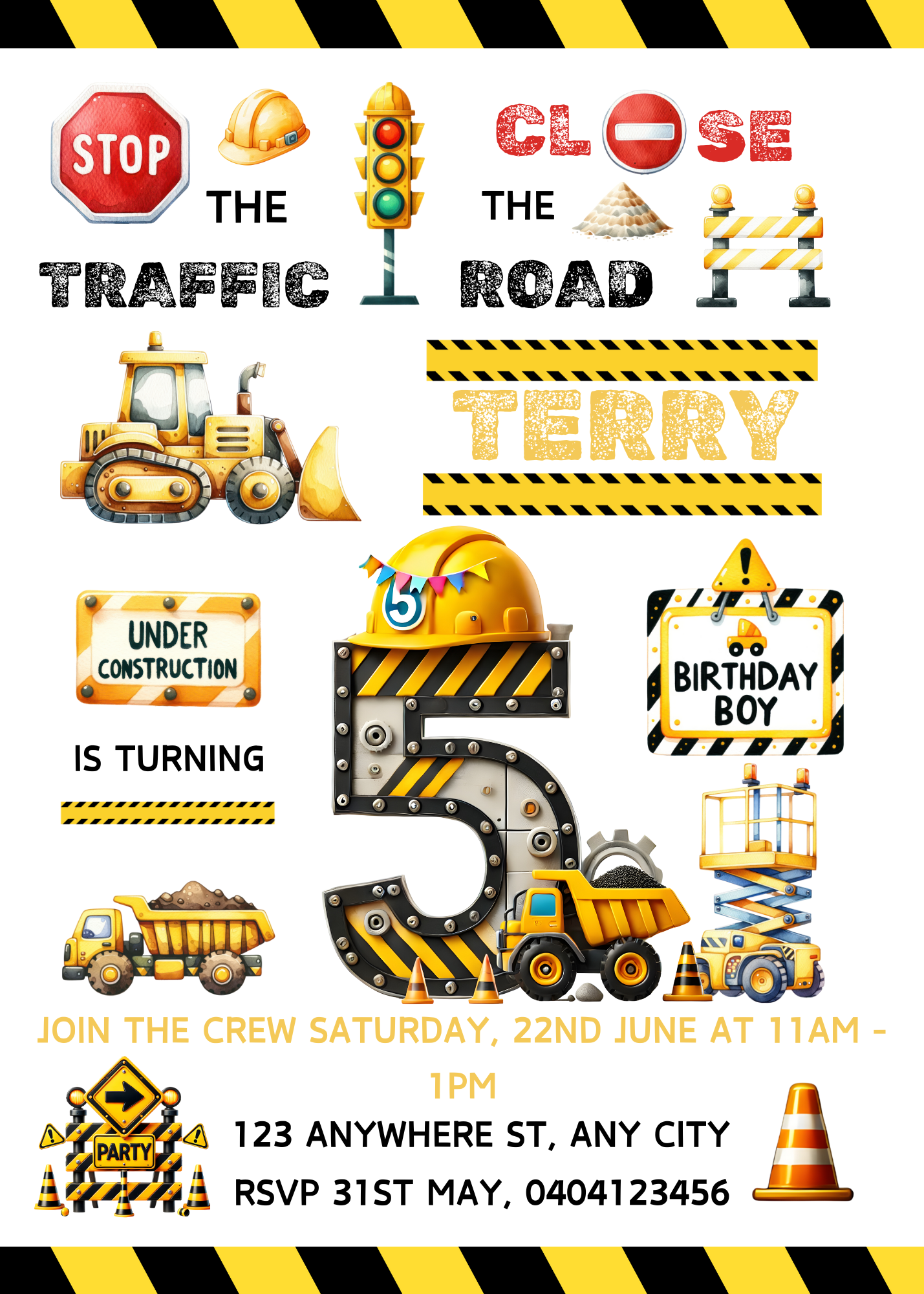 Editable Digital Construction Themed 5th Birthday Invitation