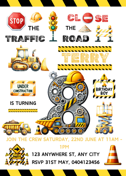 Numbered 1 to 12 Construction Themed Birthday Invitation Pack - BONUS Favor Tag