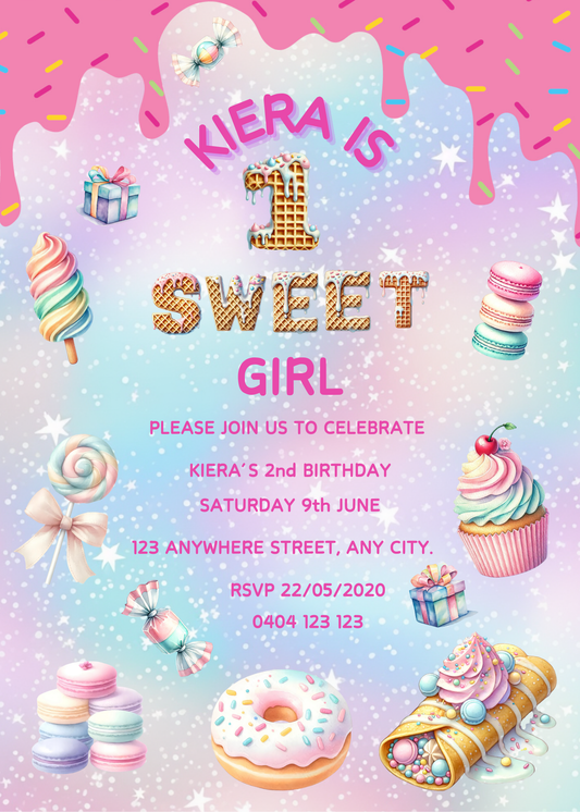 Editable "1 Sweet Girl" Birthday Invitation