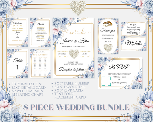 Editable Blue & Gold Floral Wedding Package