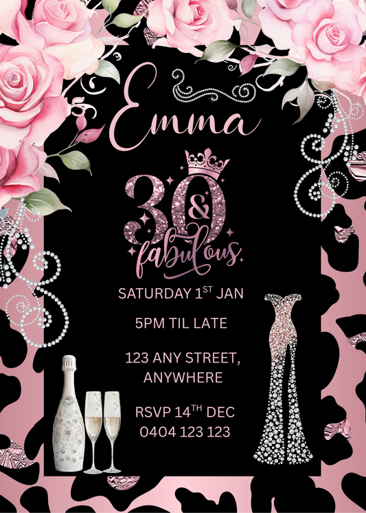 Editable Pink Cheetah Print & Rose 30th Birthday Invitation