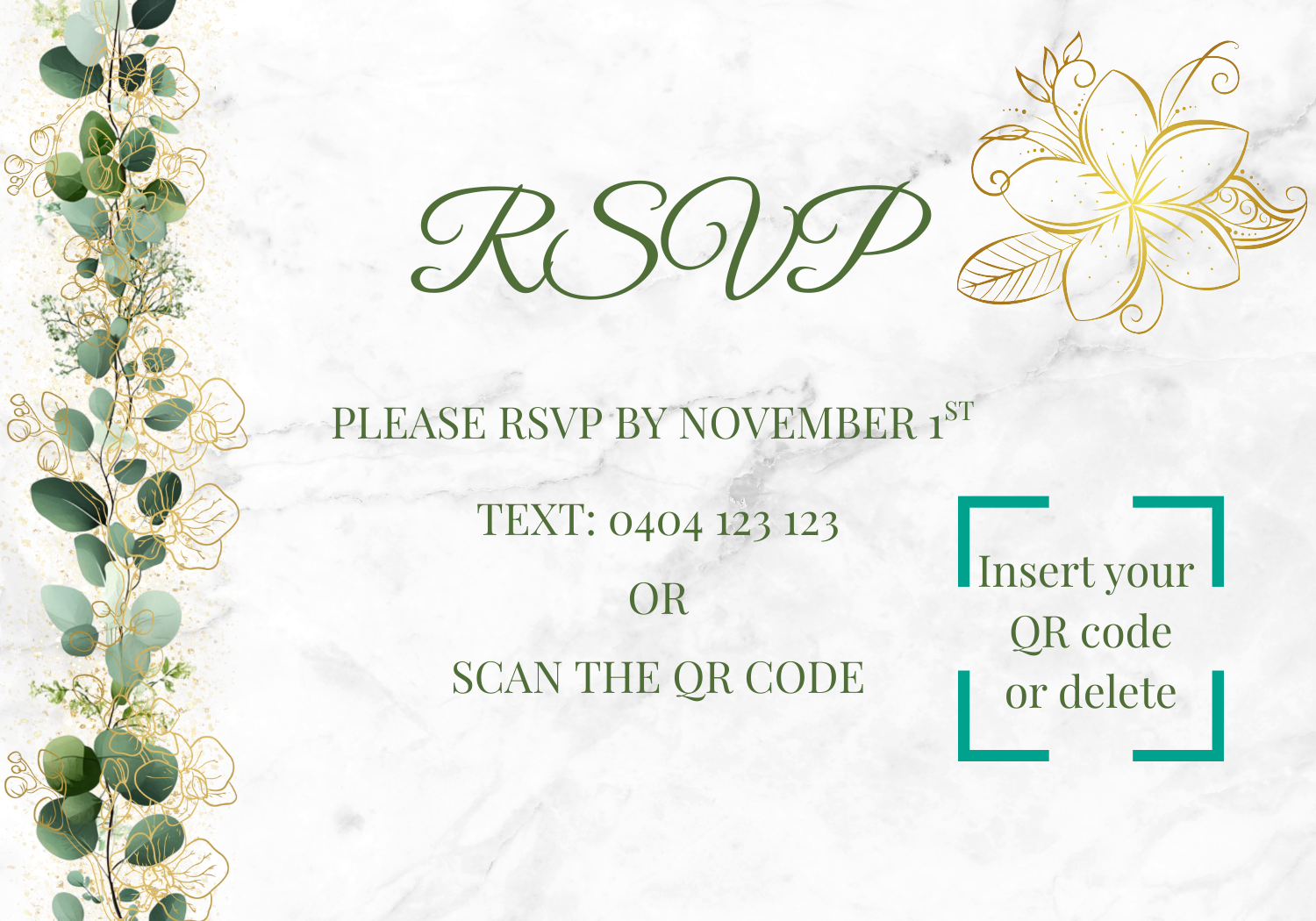 Editable Eucalyptus & Gold Floral Wedding Package Invitation, Details Card, RSVP, Thank You Tag