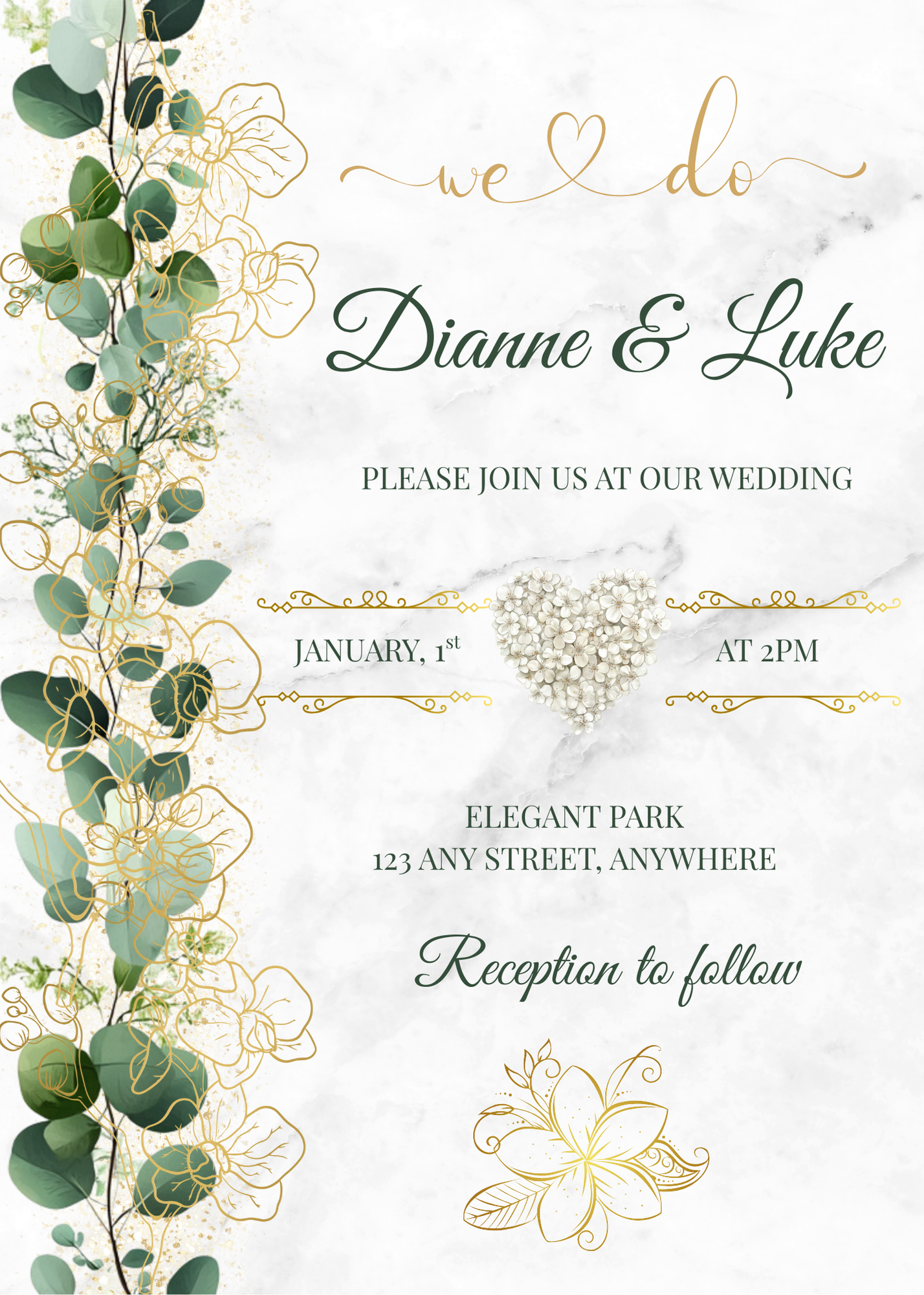 Editable Eucalyptus & Gold Floral Wedding Package Invitation, Details Card, RSVP, Thank You Tag