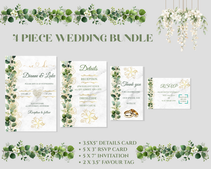 Editable Eucalyptus & Gold Floral Wedding Package Invitation, Details Card, RSVP, Thank You Tag