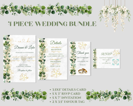 Editable Eucalyptus & Gold Floral Wedding Package Invitation, Details Card, RSVP, Thank You Tag