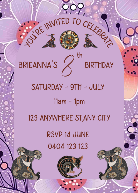 Editable Purple Floral Aboriginal Art Birthday Invitation