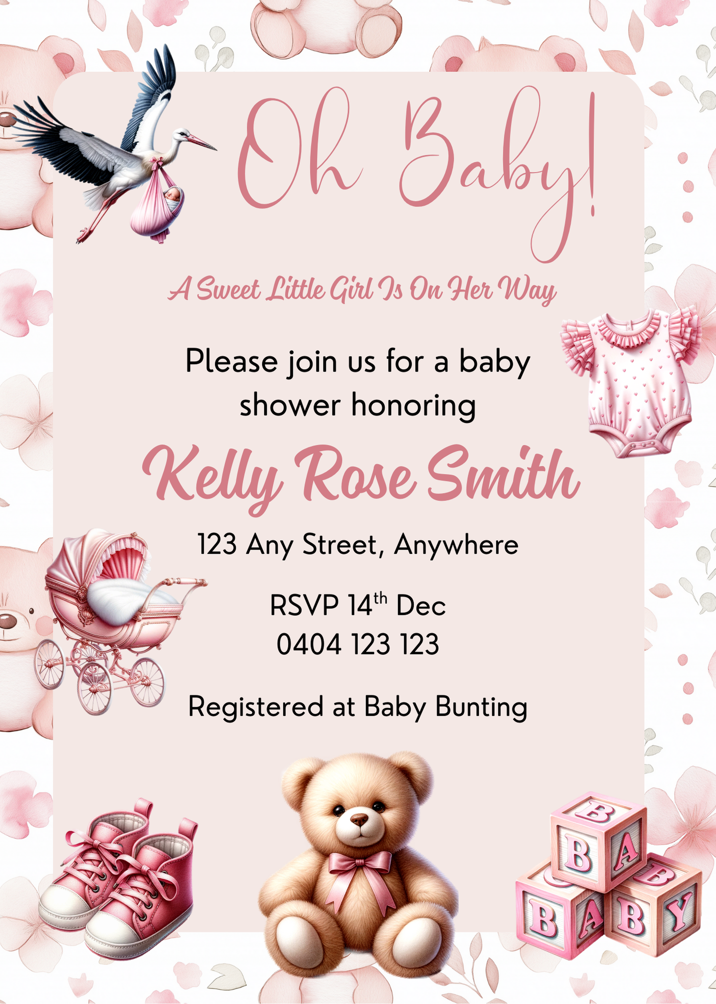 Editable Teddy & Flowers Baby Shower Invitation