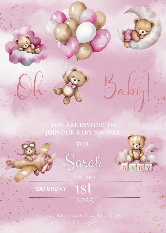 Editable Teddy's On Clouds Girl Baby Shower Invitation