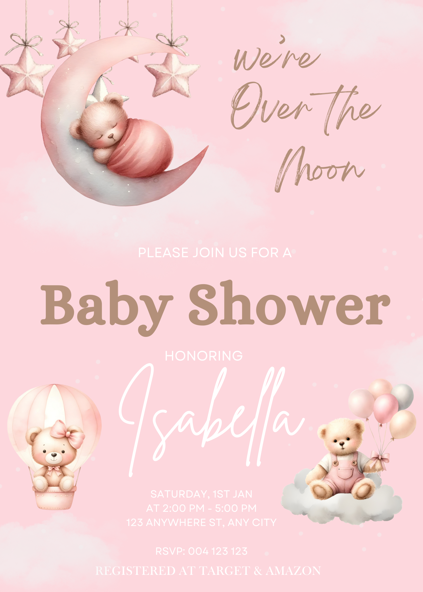 Editable Girl Teddy Over The Moon Baby Shower Invitation
