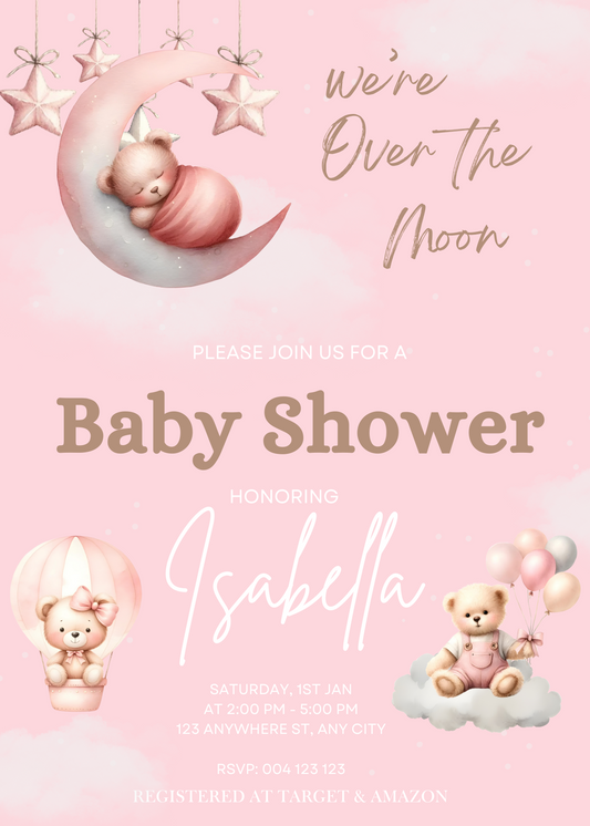 Editable Girl Teddy Over The Moon Baby Shower Invitation