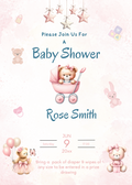 Editable Girl Teddy In A Pram Baby Shower Invitation