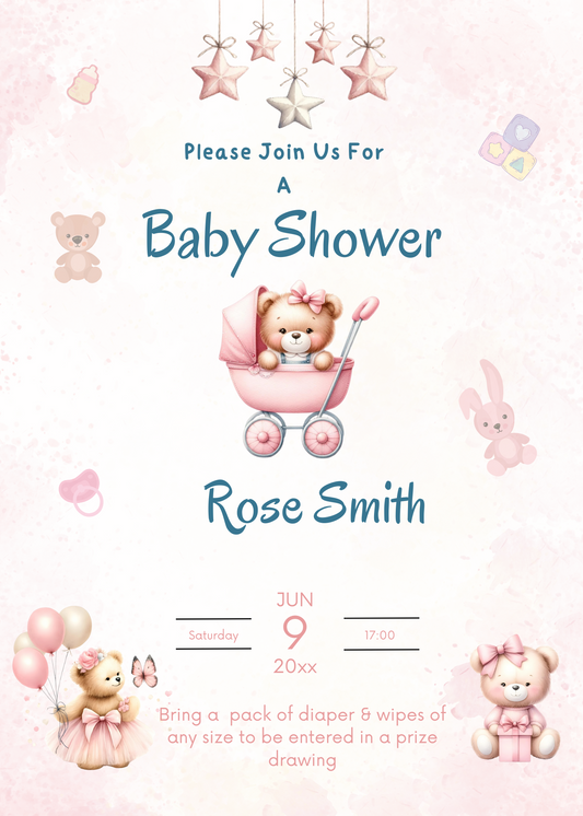 Editable Girl Teddy In A Pram Baby Shower Invitation