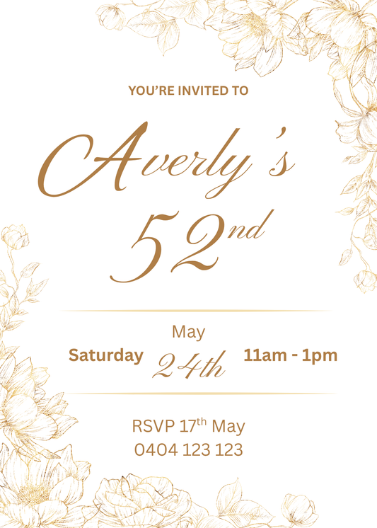 Editable Gold Flower Birthday Invitation
