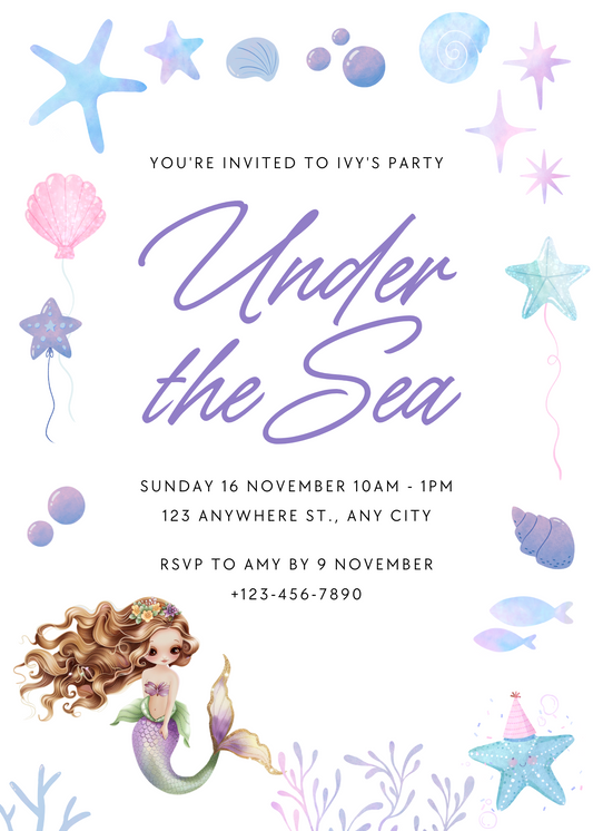 Editable Mermaid & Starfish Themed Birthday Invitation