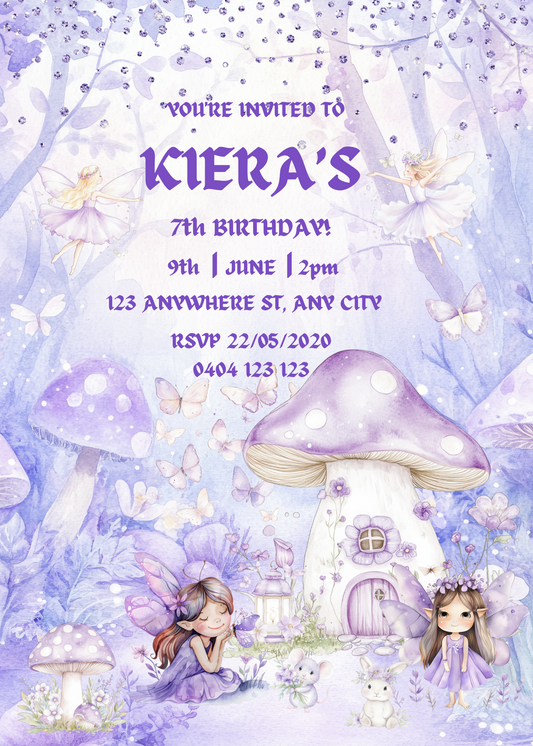 Editable Purple Fairy & Mushroom Birthday Invitation