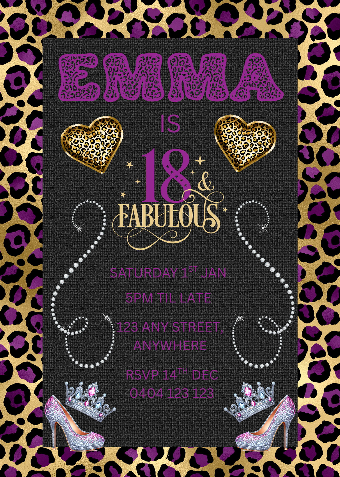 Editable Purple Leopard Print 18th Birthday Invitation
