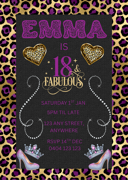 Editable Purple Leopard Print 18th Birthday Invitation