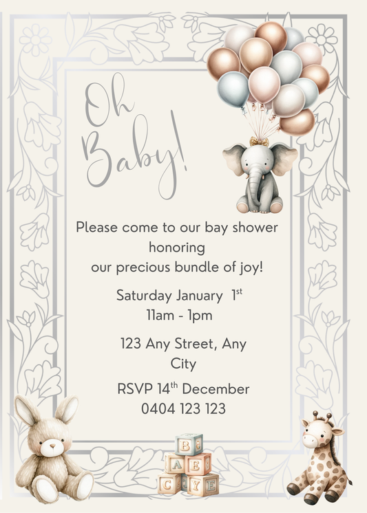 Editable Silver Baby Shower Invitation