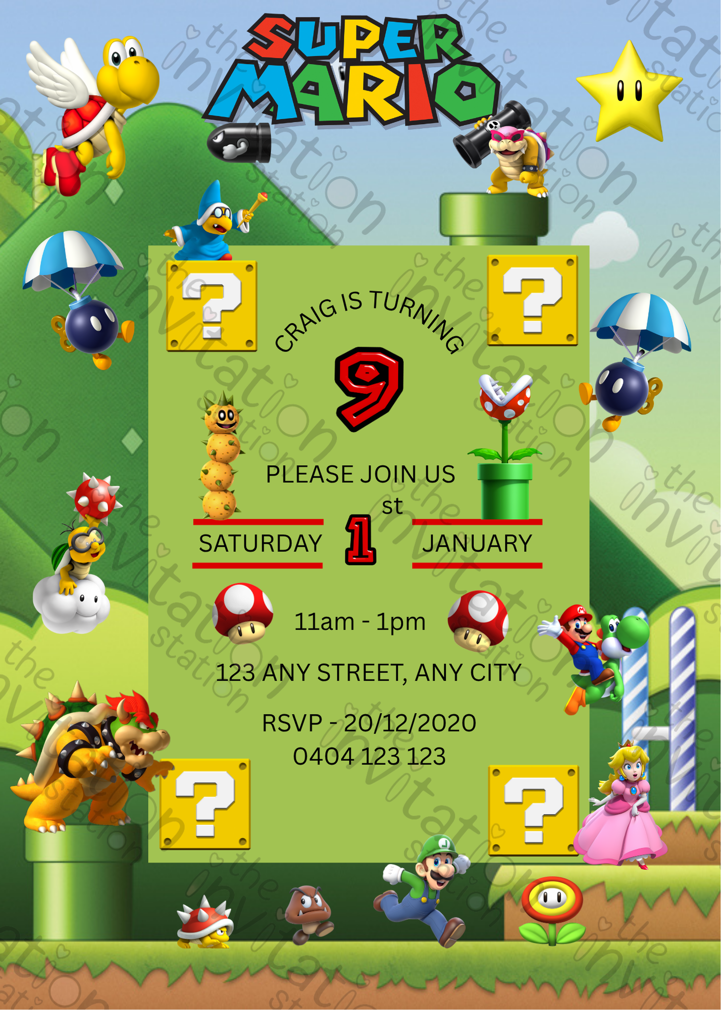 Editable Mario & Friends 9th Birthday Invitation