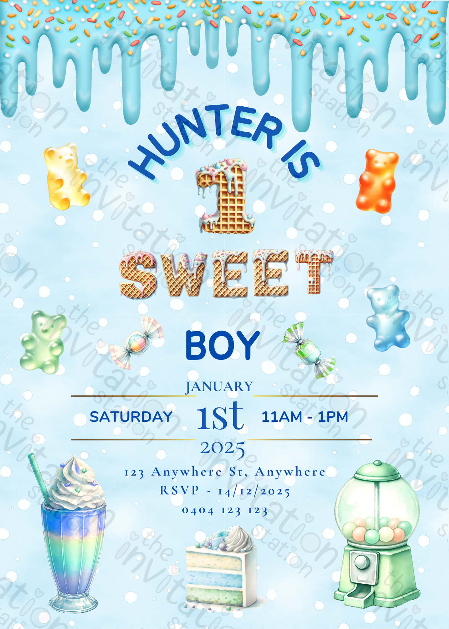 Personalised Sweet Boy 1st Birthday Invitation featuring blue icing, gummy bears, candy decorations and dessert-themed artwork for a boy's first birthday party.