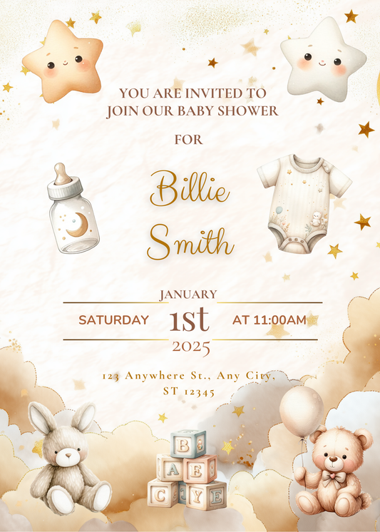 Editable Animals On Clouds Baby Shower Invitation