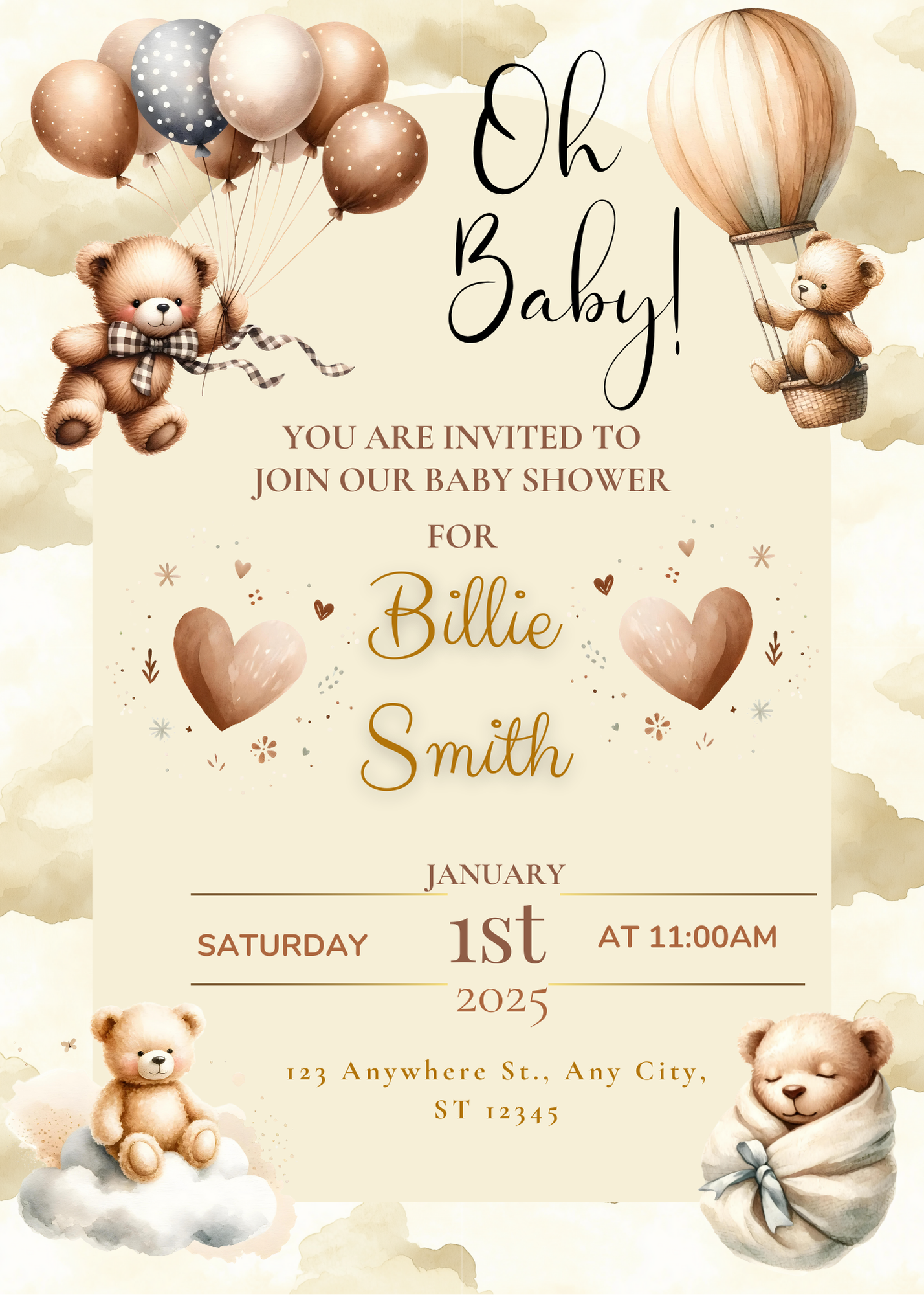 Editable Teddy Bear & Balloons Baby Shower Invitation