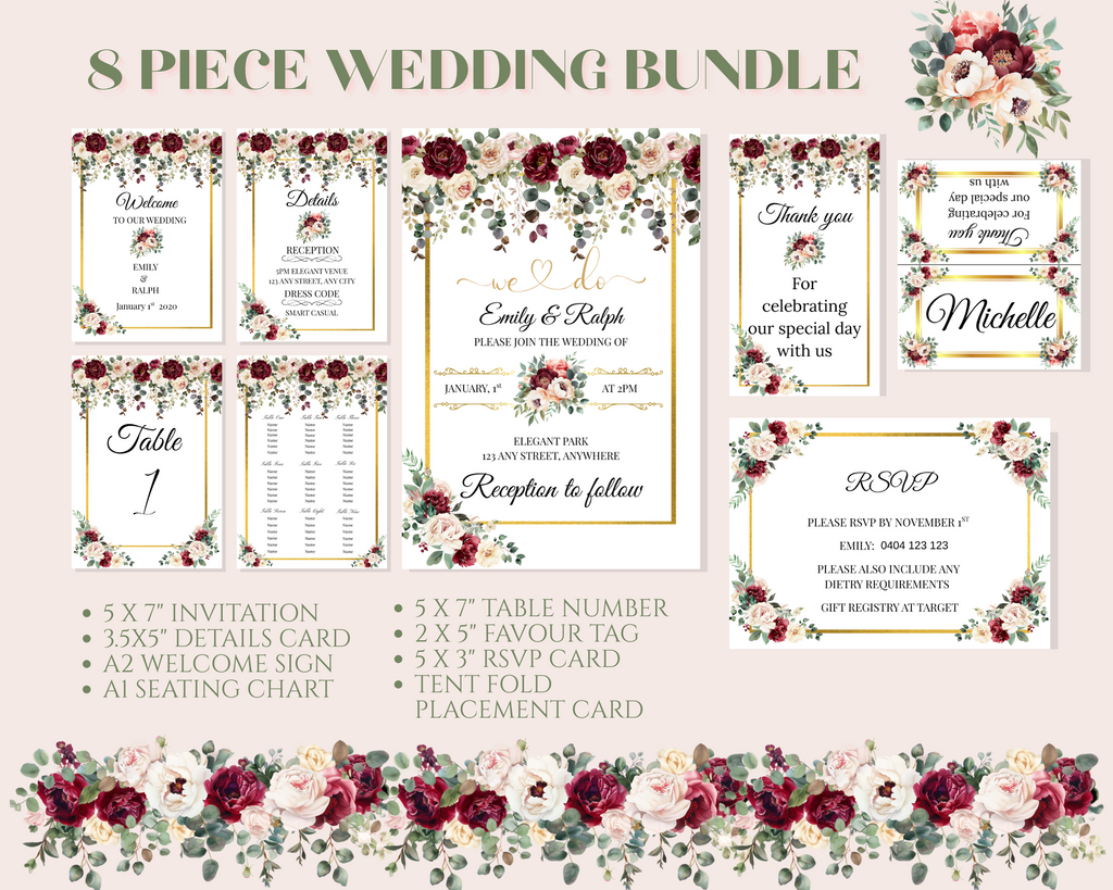 Editable Burgundy Rose 8 Piece Wedding Bundle