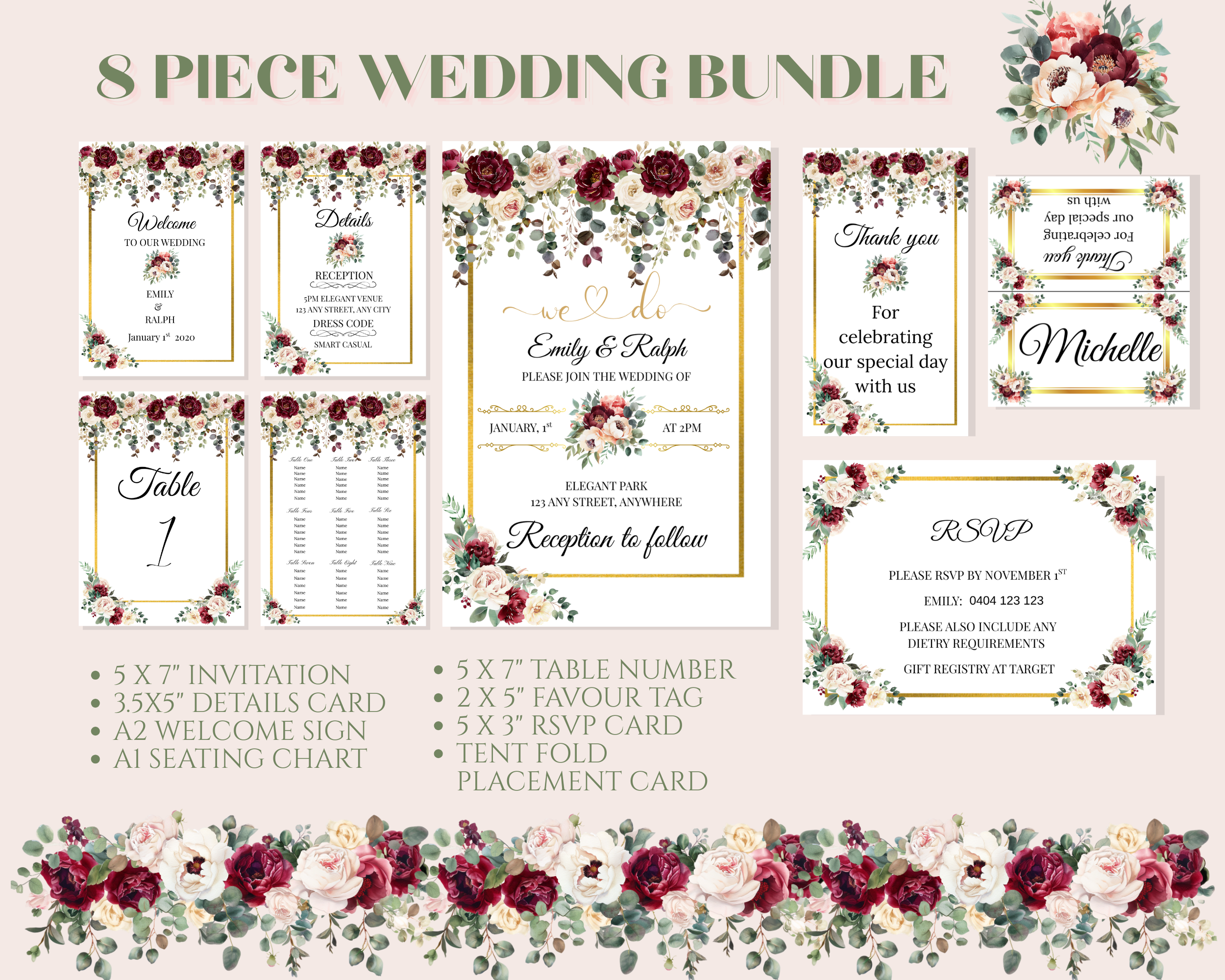 Editable Burgundy Rose 8 Piece Wedding Bundle