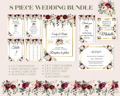 Editable Burgundy Rose 8 Piece Wedding Bundle