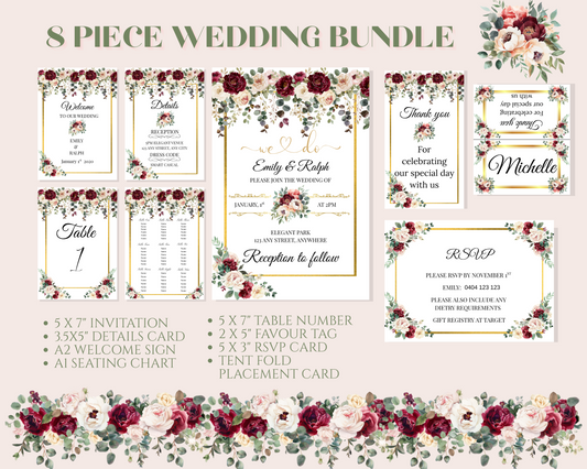 Editable Burgundy Rose 8 Piece Wedding Bundle