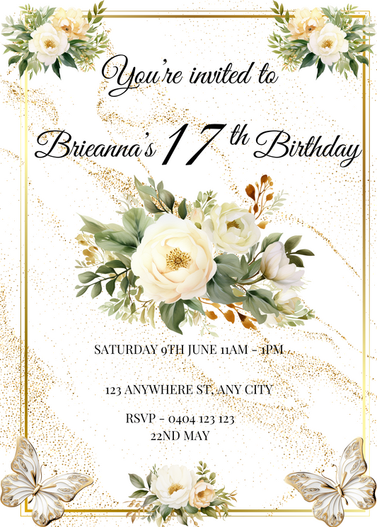Editable Digital White Rose & Butterfly Birthday Invitation
