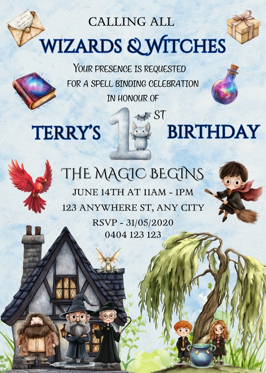 Numbered 1 to 12 Editable Harry Potter Themed Birthday Invitations - Bonus Favor Bag Tag