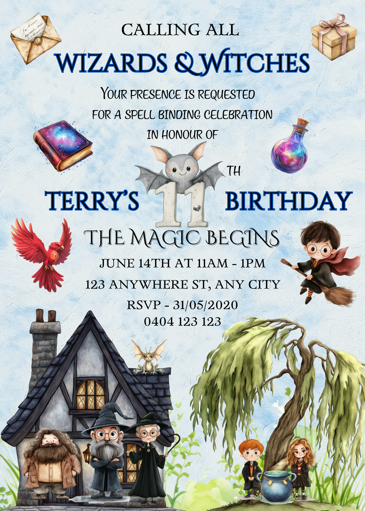 Numbered 1 to 12 Editable Harry Potter Themed Birthday Invitations - Bonus Favor Bag Tag