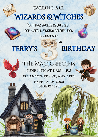 Numbered 1 to 12 Editable Harry Potter Themed Birthday Invitations - Bonus Favor Bag Tag